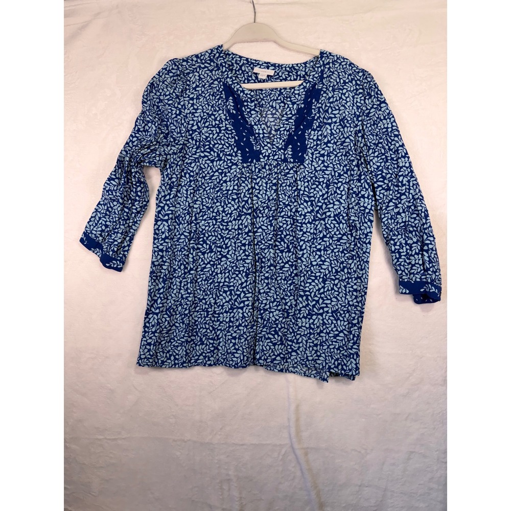 J. Jill Floral Leaf Print V-Neck Tunic Top M Blue 3/4 Sleeve Rayon Womens